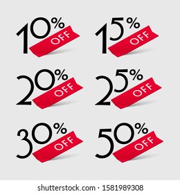 Set of banner elements, discount tag collection, special offer 10 to 50% off. Modern red sale website stickers on a gray background. Vector discount promotion flat icon.