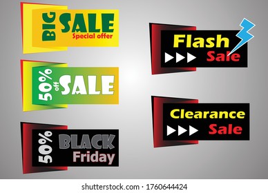 Set of banner elements, discount tag collection, sale big sale black friday flash sale clearance. Modern sale website stickers, labels on a gray abstract background