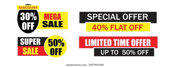 Conjunto de Elementos de Anuncio, colección de etiqueta de descuento, concepto de compras. Promoción de Precio etiqueta mega venta, descuento especial, gran venta, Oferta por tiempo limitado. etiqueta engomada de la etiqueta de la venta en un fondo blanco.