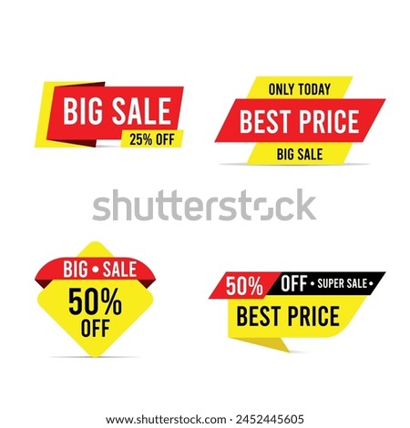 Set of banner elements, discount tag collection, special offer. Modern yellow and red sale website stickers on a white background, color web page design