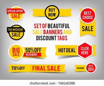 Set of banner elements, offer tag vector collection, discount label design, sale web coupons. Promotion badge icons, retail sign collection, best price business poster