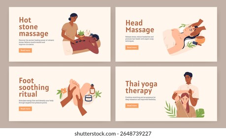 Set of banner featuring traditional Thai massage techniques. Perfect for spa websites, salon posters, or wellness app graphics. Hand drawn vector illustration.