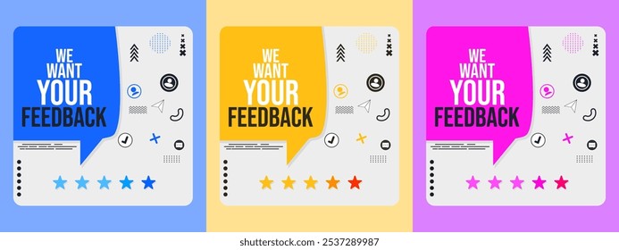 Set of banner feedback. Memphis style design. Containing feedback, opinion. Vector banner set related to survey.