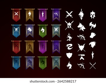 set of banner flag with emblem clan house fantasy rpg medieval symbol. animal, class, role, elements