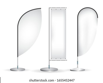 set of banner flags templates isolated on white background. mock up of realistic trade exhibition stand displays. blank event flags. beach flag mockup