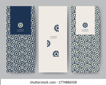 Conjunto de símbolo azul flor Banner con fondo blanco. Logotipo, Embalaje Spa, Limpieza tropical de verano y estilo mínimo.  Ilustración del vector