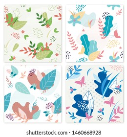Set Banner Flower Decorations Vector Illustration. Poster Floral Ornament Flowers and Leaves Different Colors. Bright Summer Card with Butterflies and Plants. Collection Botany Composition.
