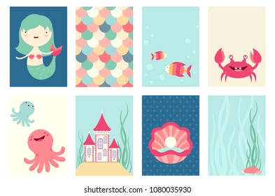 Set of banner, flyer, placard with cute mermaid, fish, octopus, crab, castle. Poster set for scrapbooking. Vector template card for greeting, decoration, congratulation. Copy space for text. EPS8