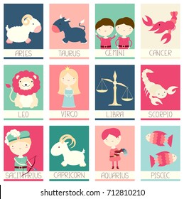 Set of banner, flyer, placard with cute princess, prince and animals - zodiac symbols. Poster set for scrapbooking. Vector card for invitation, greeting, decoration congratulation in retro color. EPS8