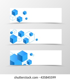 Set of banner geometric design. Blue banner for header with 3d squares. Design of banner in digital style. Vector illustration