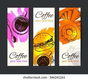 Set of banner with hand drawn doodles: cup of coffee, burger, donut.Vector illustration
