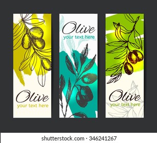 Set of banner with hand drawn olive branch.Vector illustration