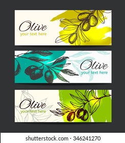 Set of banner with hand drawn olive branch.Vector illustration