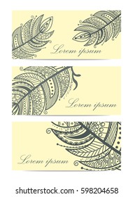 Set banner with hand drawn zen feather. Vector illustration. Elements for design