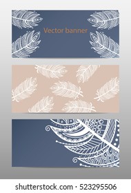 Set banner with hand drawn zentangle feather. Vector illustration. Elements for design