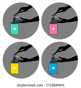 Eine Reihe von Bannern. Eine Hand drückt einen Seifenspender und eine andere wartet auf einen Tropfen.