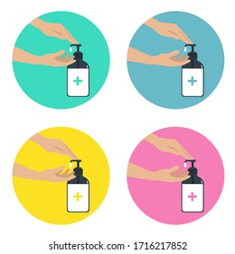 A set of banner. There’s a hand pressing a soap dispenser and another hand is waiting for a drop.