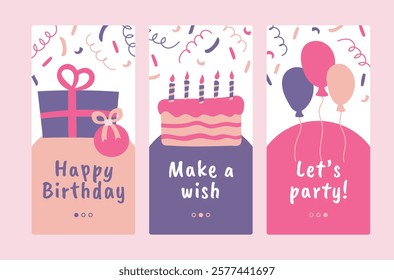 Set banner Happy Birthday. Collection congratulations on holiday. Gifts, cake with candles and balloons. Make a wish. Give present. Have fun, explosion of party confetti. Doodle vector illustration