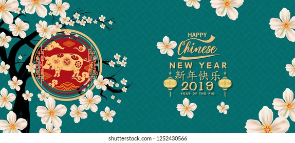 Set Banner Happy Chinese New Year 2019, Year of the Pig. Lunar new year. Chinese characters mean Happy New Year 