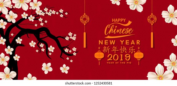 Set Banner Happy Chinese New Year 2019, Year of the Pig. Lunar new year. Chinese characters mean Happy New Year 