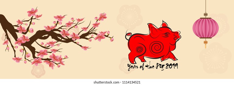 Set Banner Happy new year 2019 greeting card and chinese new year of the pig, Cherry blossom background