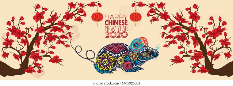 Set Banner Happy new year 2020 greeting card and chinese new year of the rat, Cherry blossom background