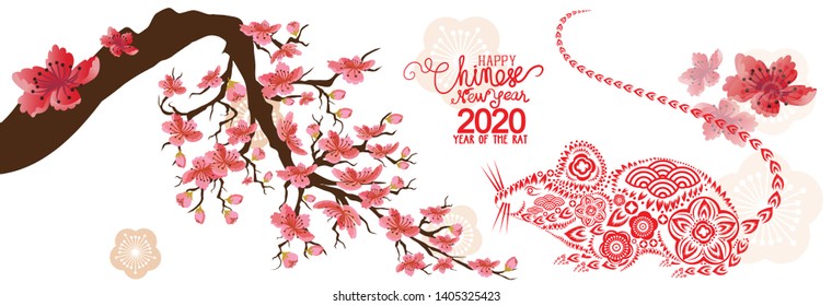 Set Banner Happy new year 2020 greeting card and chinese new year of the rat, Cherry blossom background