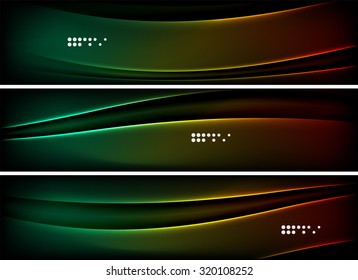 Set of banner, header backgrounds with place for your message. Glowing color neon light lines in dark space. Advertising layouts.