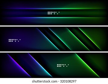 Conjunto de banner, fondos de cabecera con lugar para el mensaje. Color brillante de las líneas de luz de neón en el espacio oscuro. Diseños publicitarios.