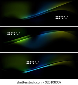 Set of banner, header backgrounds with place for your message. Glowing color neon light lines in dark space. Advertising layouts.