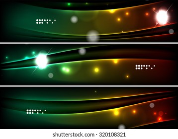 Set of banner, header backgrounds with place for your message. Glowing color neon light lines in dark space. Advertising layouts.