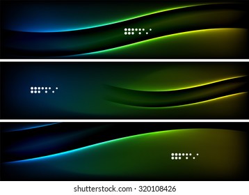 Set of banner, header backgrounds with place for your message. Glowing color neon light lines in dark space. Advertising layouts.