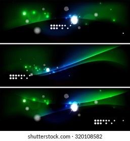 Set of banner, header backgrounds with place for your message. Glowing color neon light lines in dark space. Advertising layouts.