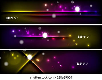 Conjunto de banner, fondos de cabecera con lugar para el mensaje. Color brillante de las líneas de luz de neón en el espacio oscuro. Diseños publicitarios.