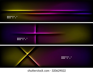 Set of banner, header backgrounds with place for your message. Glowing color neon light lines in dark space. Advertising layouts.