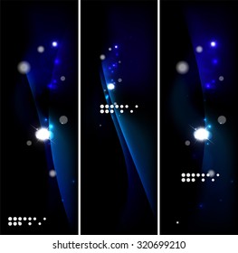 Set of banner, header backgrounds with place for your message. Glowing color neon light lines in dark space. Advertising layouts.