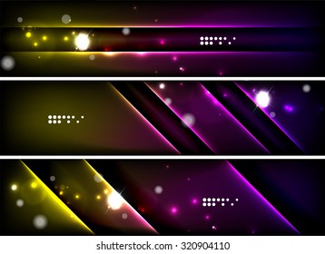 Set of banner, header backgrounds with place for your message. Glowing color neon light lines in dark space. Advertising layouts.