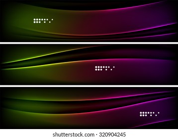 Set of banner, header backgrounds with place for your message. Glowing color neon light lines in dark space. Advertising layouts.
