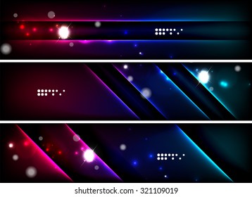 Set of banner, header backgrounds with place for your message. Glowing color neon light lines in dark space. Advertising layouts.