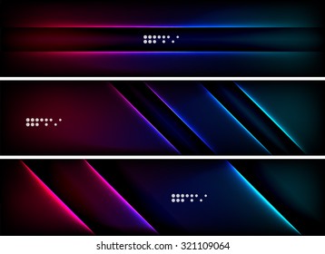 Set of banner, header backgrounds with place for your message. Glowing color neon light lines in dark space. Advertising layouts.
