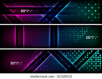 Set of banner, header backgrounds with place for your message. Glowing color neon light lines in dark space. Advertising layouts.