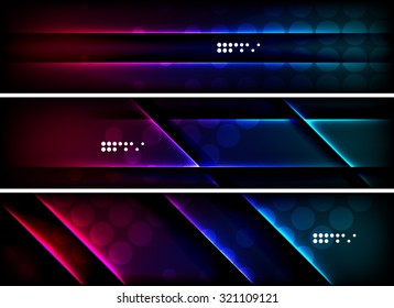Set of banner, header backgrounds with place for your message. Glowing color neon light lines in dark space. Advertising layouts.