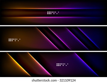 Set of banner, header backgrounds with place for your message. Glowing color neon light lines in dark space. Advertising layouts.