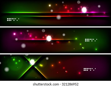 Set of banner, header backgrounds with place for your message. Glowing color neon light lines in dark space. Advertising layouts.