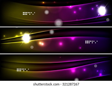 Set of banner, header backgrounds with place for your message. Glowing color neon light lines in dark space. Advertising layouts.