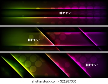 Set of banner, header backgrounds with place for your message. Glowing color neon light lines in dark space. Advertising layouts.