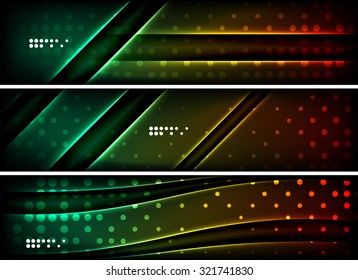 Set of banner, header backgrounds with place for your message. Glowing color neon light lines in dark space. Advertising layouts.
