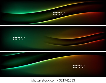 Set of banner, header backgrounds with place for your message. Glowing color neon light lines in dark space. Advertising layouts.