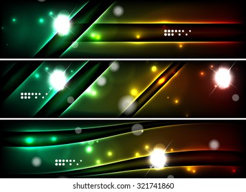 Set of banner, header backgrounds with place for your message. Glowing color neon light lines in dark space. Advertising layouts.