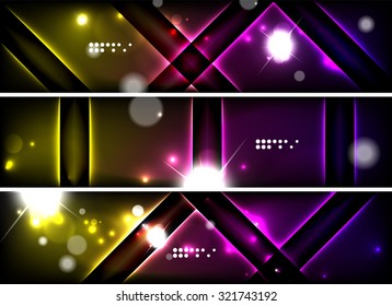 Set of banner, header backgrounds with place for your message. Glowing color neon light lines in dark space. Advertising layouts.